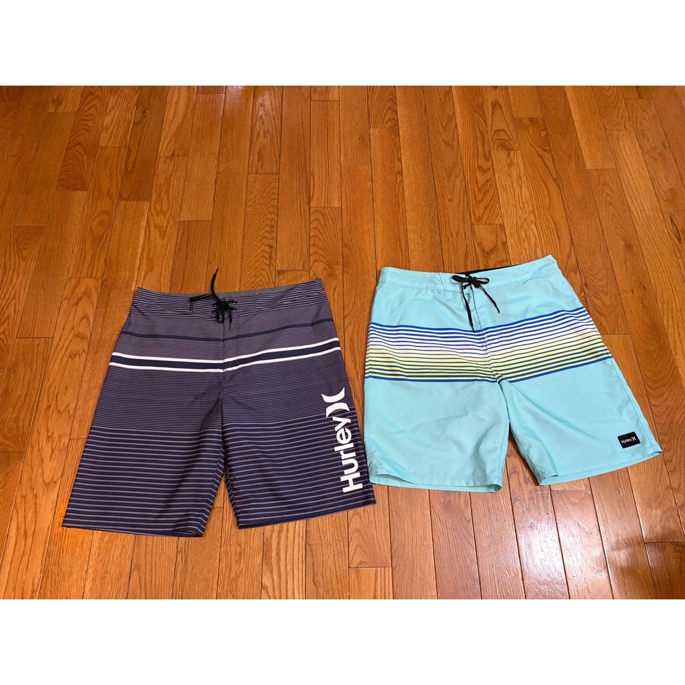 Bundle 2 Hurley Mens Board Shorts Bundle Size 32 Striped Blue Grey Swim Trunks